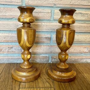 Vintage Hand Turned Mixed Wooden Candle Stick Holders 9” Boho